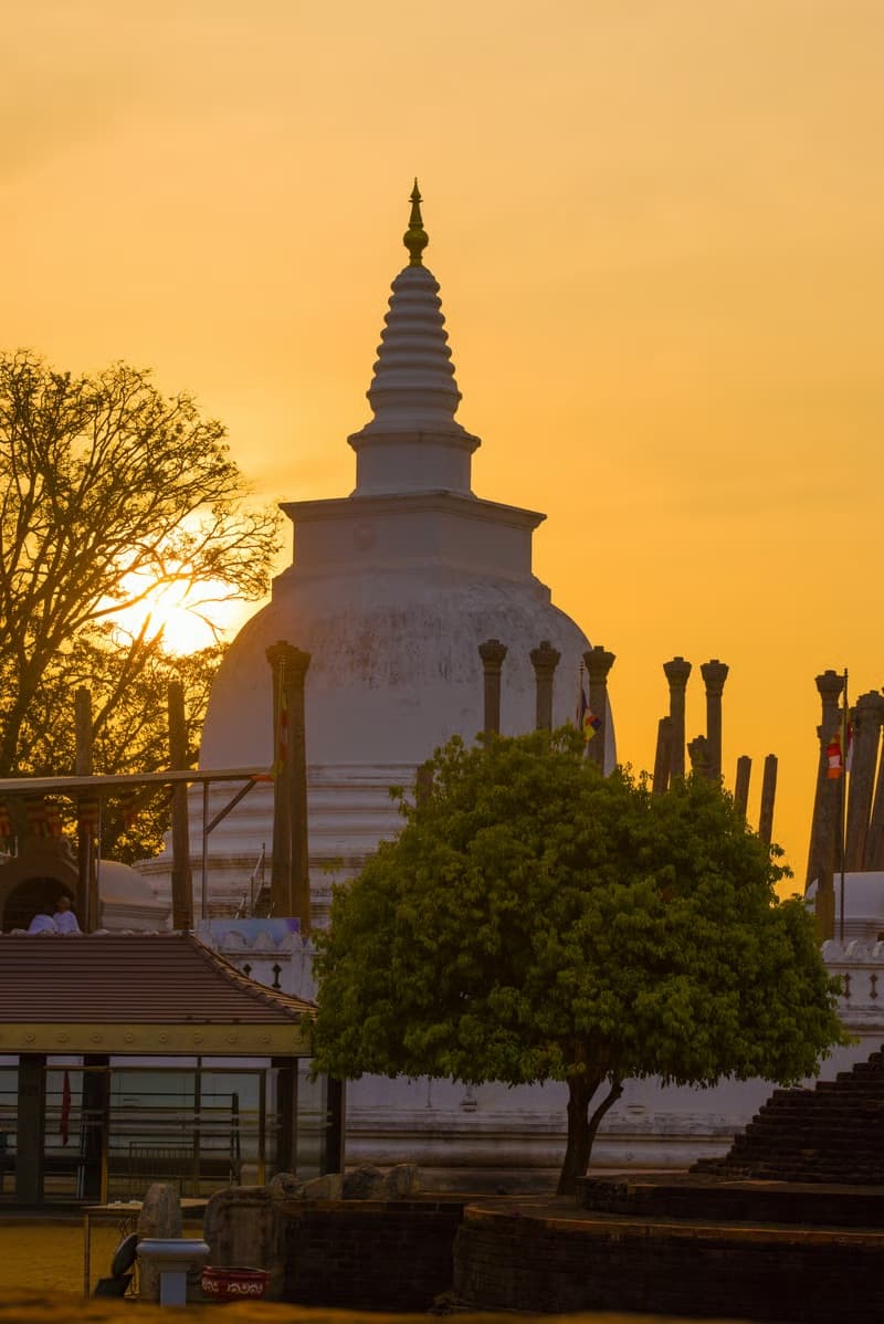 Sacred Buddhist monument in Anuradhapura at sunset